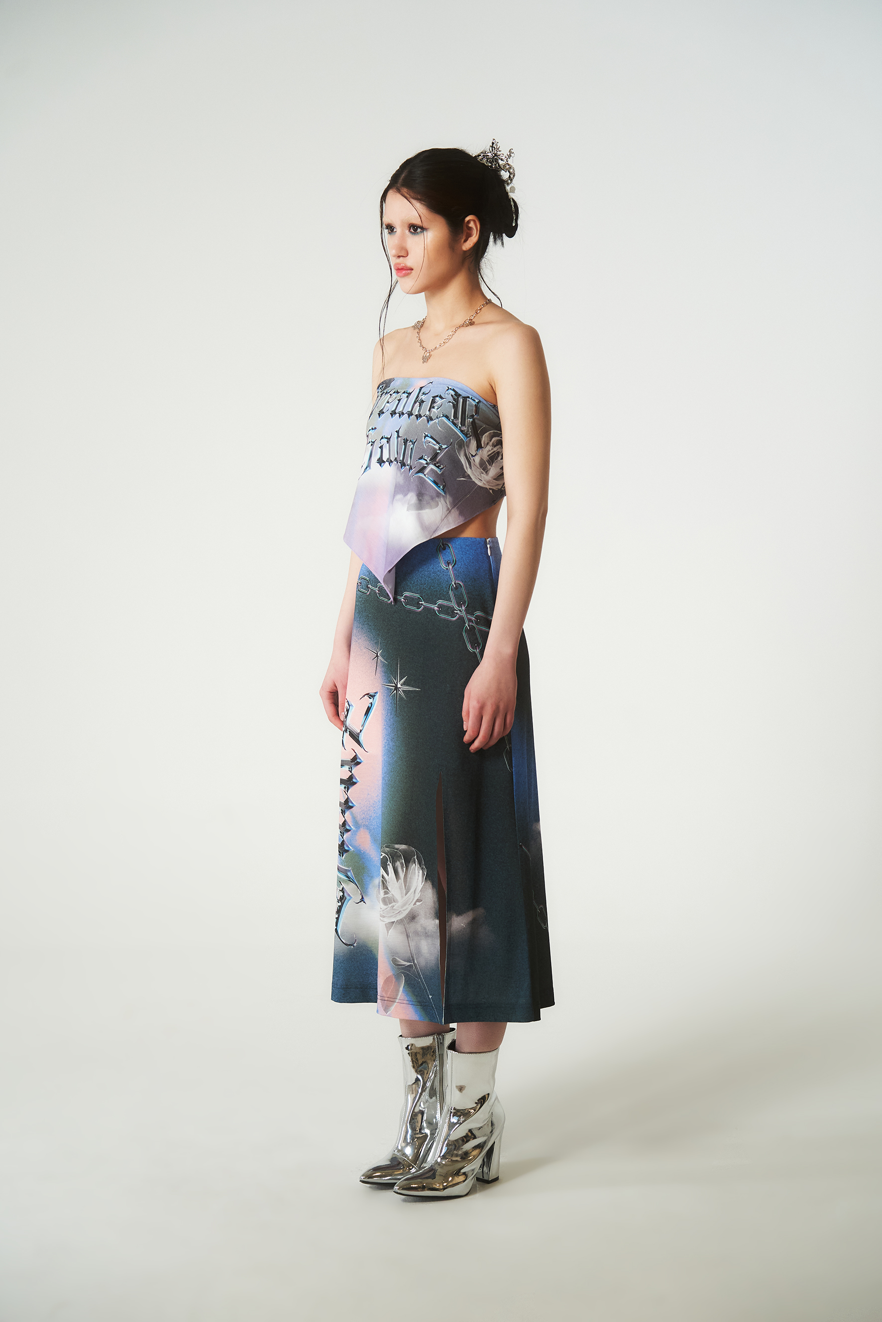 Chain Printing Slit Midi Skirt